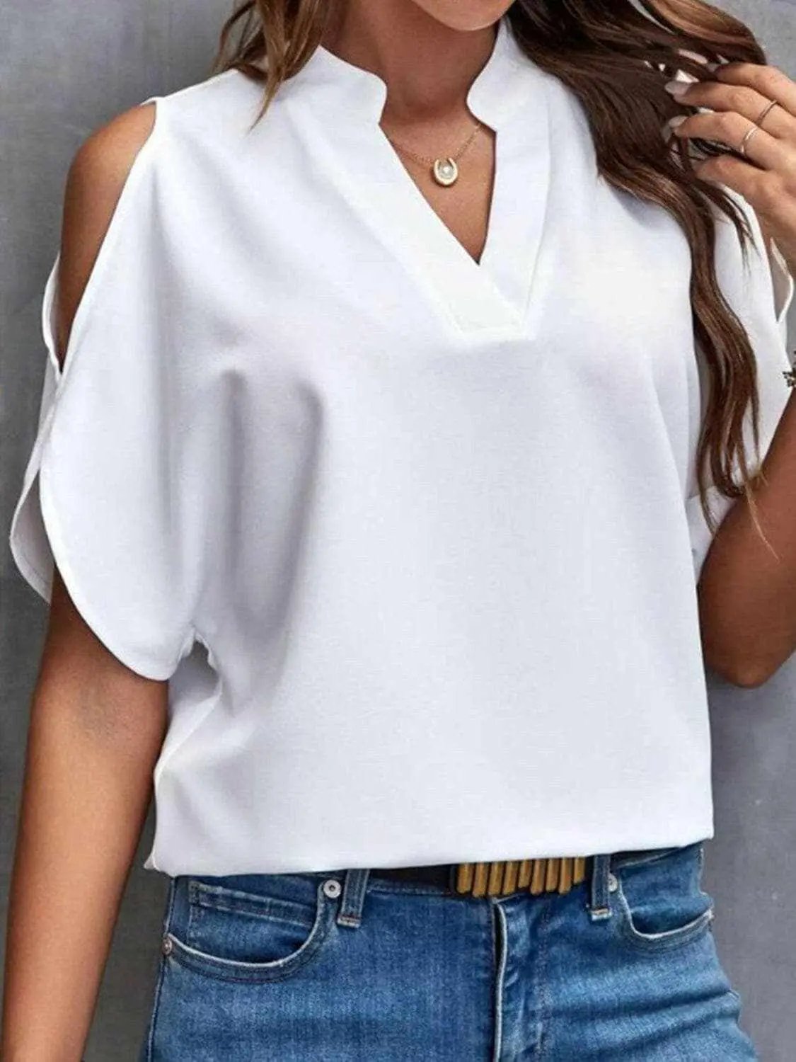 Chic notched cold shoulder blouse - Love Salve